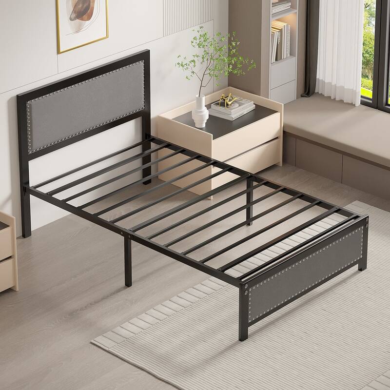 2 Pack Twin Upholstered Bed Set 40" Wide Bed with Nailhead Trim 12.6" Underbed Space & Padded Headboard Footboard