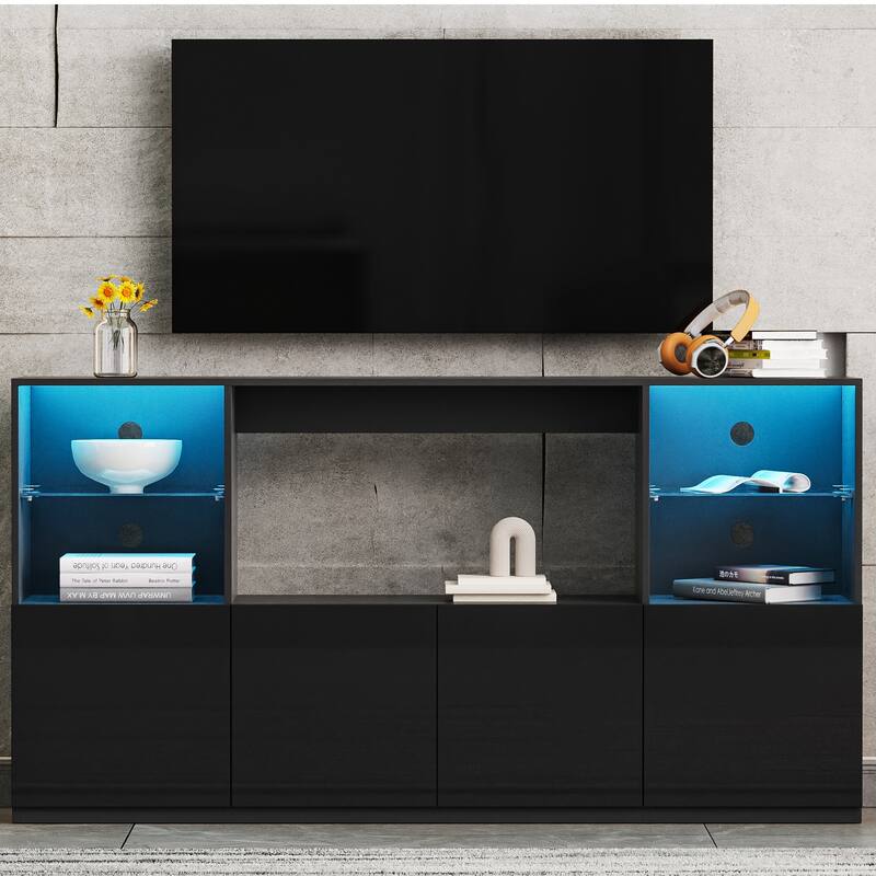 Modern High-Gloss TV Stand for TVs up to 75" with LED Lights, Large Storage Cabinet and Tempered Glass Shelves, Black - Black