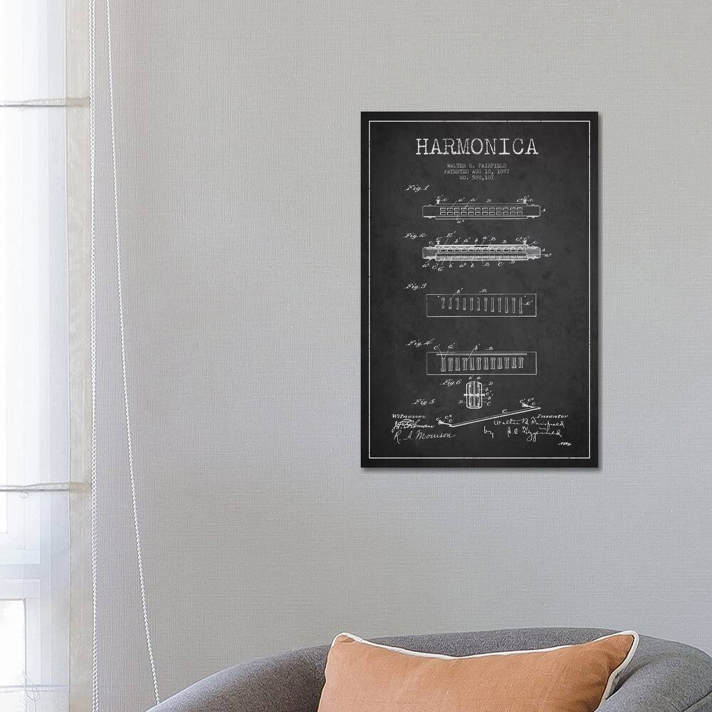 iCanvas "Harmonica Charcoal Patent Blueprint" by Aged Pixel Canvas Print