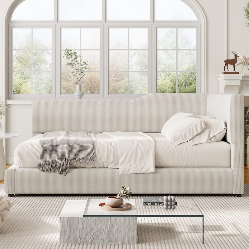 Full Size L-Shaped Upholstered Daybed with Corduroy Fabric, Modern Design, Spacious Seating, and Sturdy Construction
