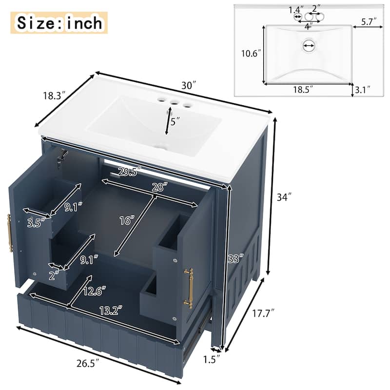 30" Bathroom vanity with sink, multi-functional bathroom cabinet with doors and storage shelves, featuring drawers