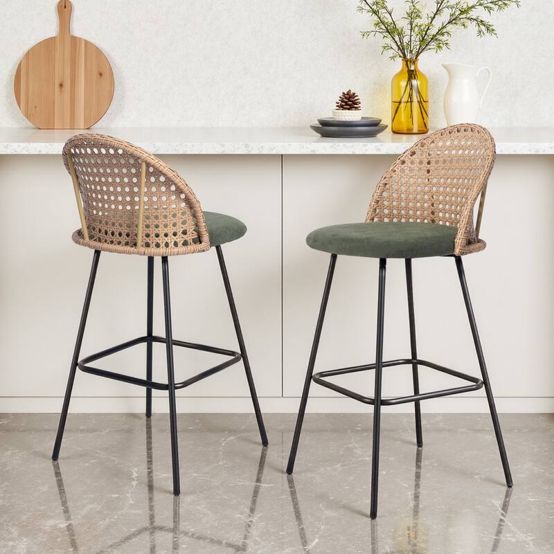 29" Upholstered Swivel Bar Stools with Rattan Back - Set of 2 - Green