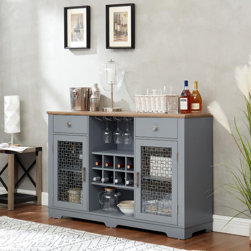Modern Farmhouse Buffet Cabinet, Sideboard with 2 Drawers and Elegant Glass Door Cabinets, Wine and Glass Rack, Coffee Bar