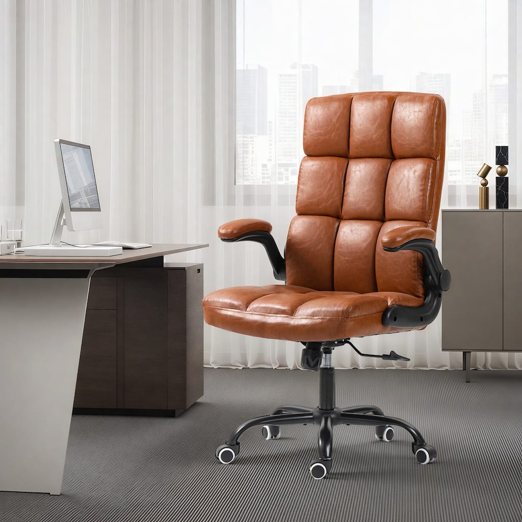 EROMMY Mid-Century Modern Leather Office Chair with Wheels, Ergonomic Rolling Desk Chair, Flip-Up Arms.