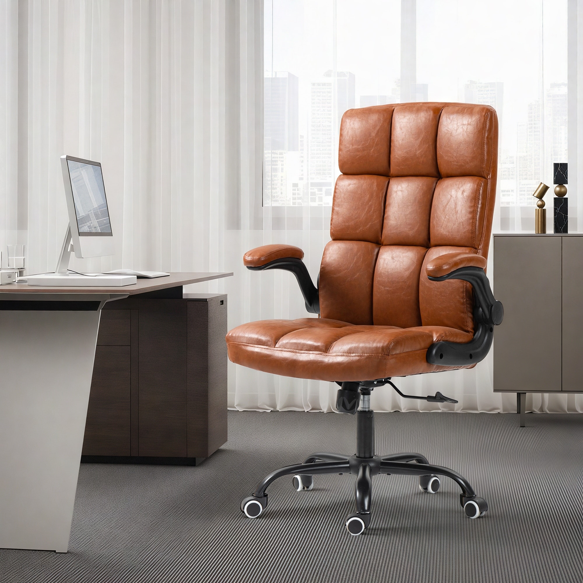 EROMMY Mid-Century Modern Leather Office Chair with Wheels, Ergonomic Rolling Desk Chair, Flip-Up Arms.
