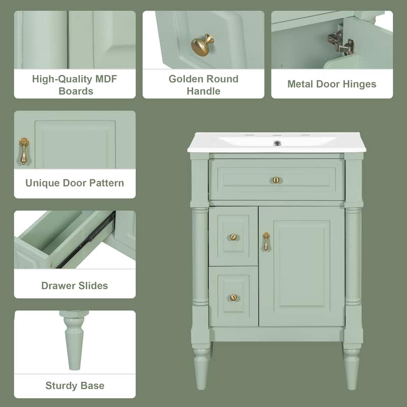 24" Freestanding Bathroom Vanity with Ceramic Sink, Solid Rubberwood Frame, Flip Drawer & Adjustable Shelf