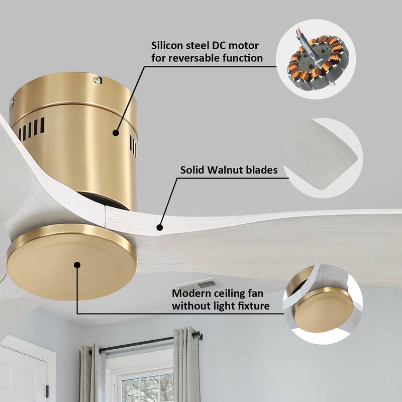 Sofucor 52 Inch Solid Wood Flush Mount Indoor Ceiling Fan without Light,Remote Control,Smart Optional