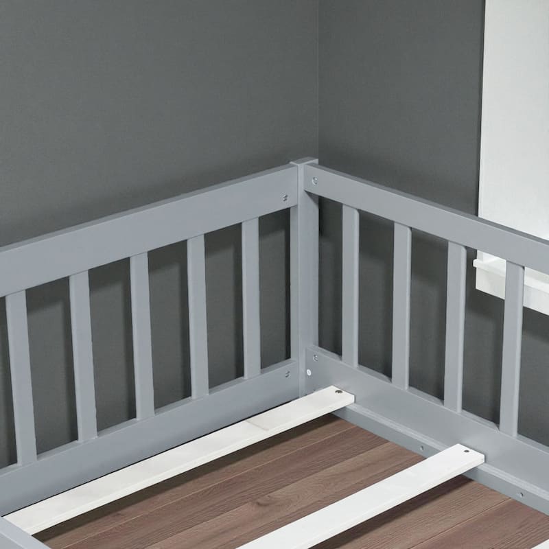 Twin Size Wooden Floor Bed with Fence, Solid Rubber Wood Montessori Bed Frame with Safety Guardrails for Kids