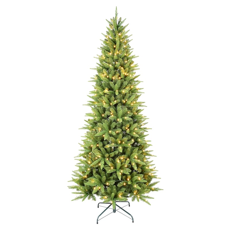 8FT Slim Christmas Tree with 500 Warm White LED Lights-1612 PE+PVC Tips,Space-Saving Hinged Design, Easy Setup
