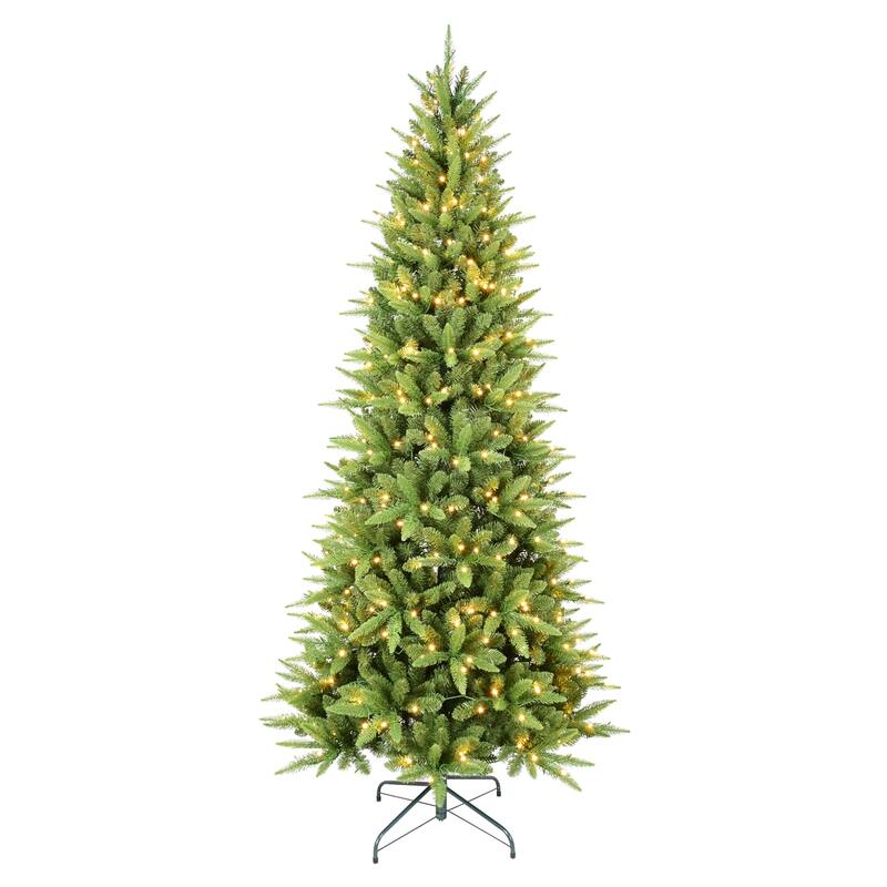 Pre-Lit Slim Artificial Pencil Tree - Warm White LED Lights, PE/PVC Tips, Hinged Design, Metal Stand - Green