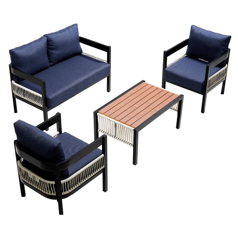 Roomfitters Multi-Person Outdoor Iron Sofa Set with Table, Rattan Decoration, Waterproof, Rust-Proof for Garden, Lawn