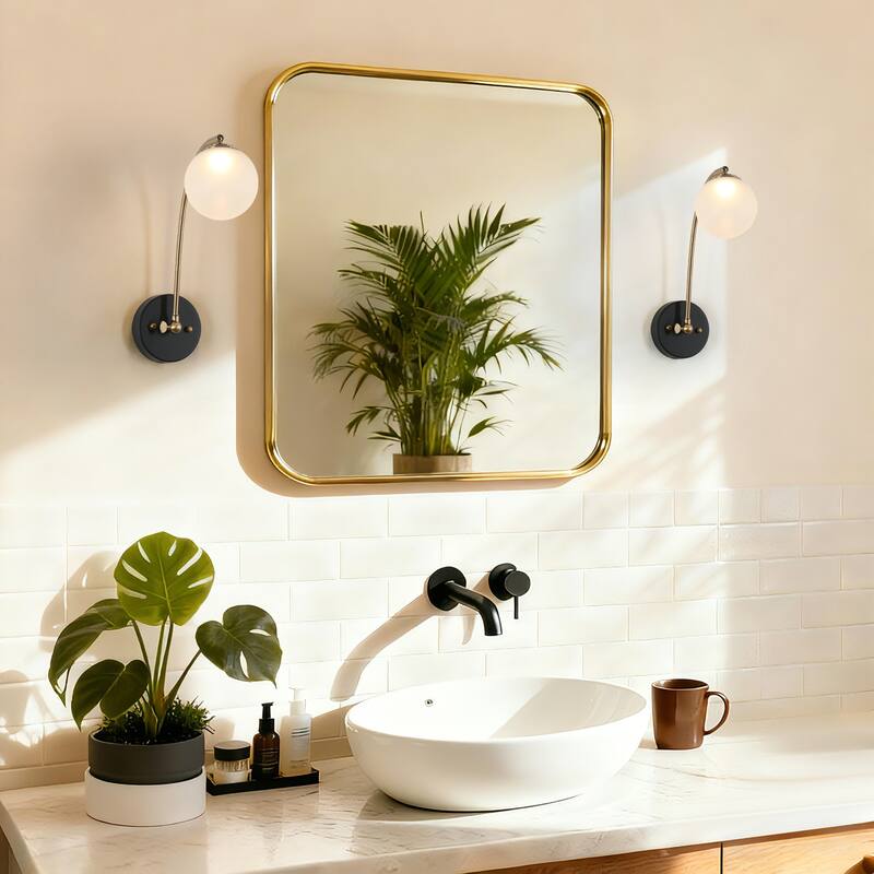 Modern LED Globe Glass Armed Sconce Black Brass Bathroom Accent Light - W4.7" x H15"
