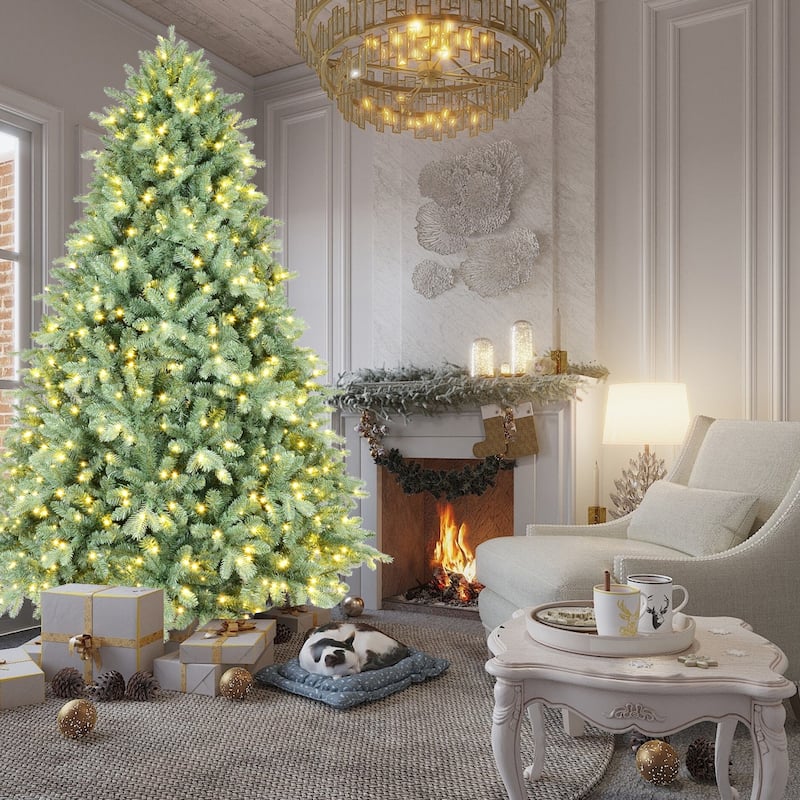 8FT Blue Pre-Lit Christmas Tree with 900 Warm White LED Lights-3308 PE+PVC Tips, Hinged Branches for Easy Setup