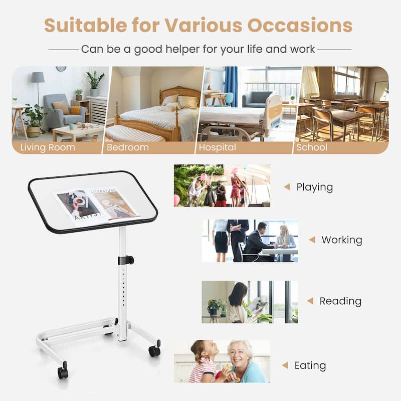 Gymax Overbed Bedside Table Universal Wheels Adjustable Tilt Top