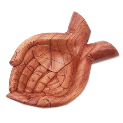 Handmade Giving Alms Wood catchall (Indonesia) - 3.3" H x 11.75" W x 7.75" D