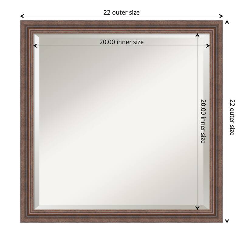 Beveled Wood Bathroom Wall Mirror - Distressed Rustic Brown Frame - Distressed Rustic Brown - Outer Size: 22 x 22 in