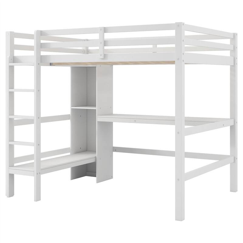 Full Size Loft Bed with Bulit-in Desk and Multifunction Storage Shelves, Wooden Loft Bedframe with Ladder and Guardrail