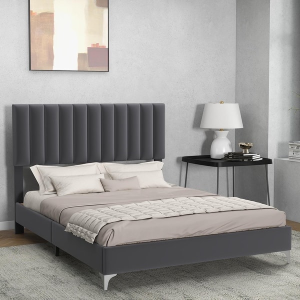 slide 2 of 8, Modern Velvet Platform Bed Frame with Adjustable Headboard Full