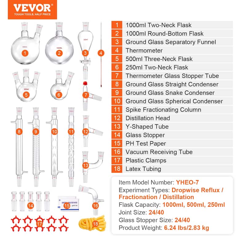 VEVOR Lab Distillation Kit，29/14/32 pcs Set of Glassware Equipment ...