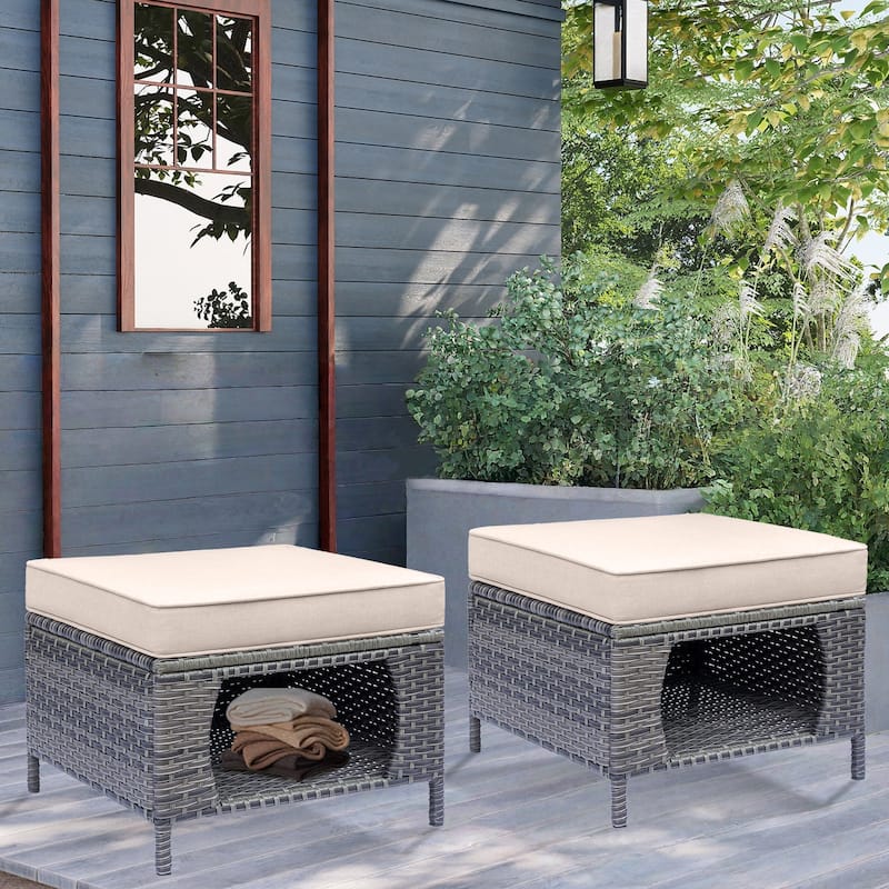 Outdoor Patio Cushioned Rattan Wicker Storage Ottomans (Set of 2) - 2 Piece - Beige/Gray Wicker