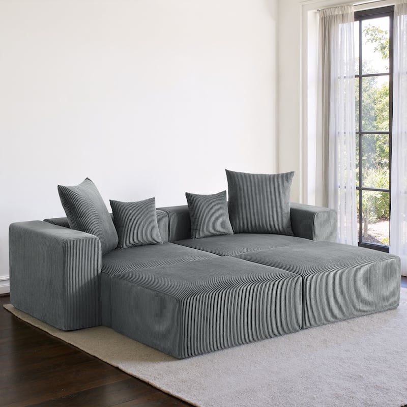 4-Piece Modern Corduroy Modular Sectional Sofa Set with 4 Throw Pillows