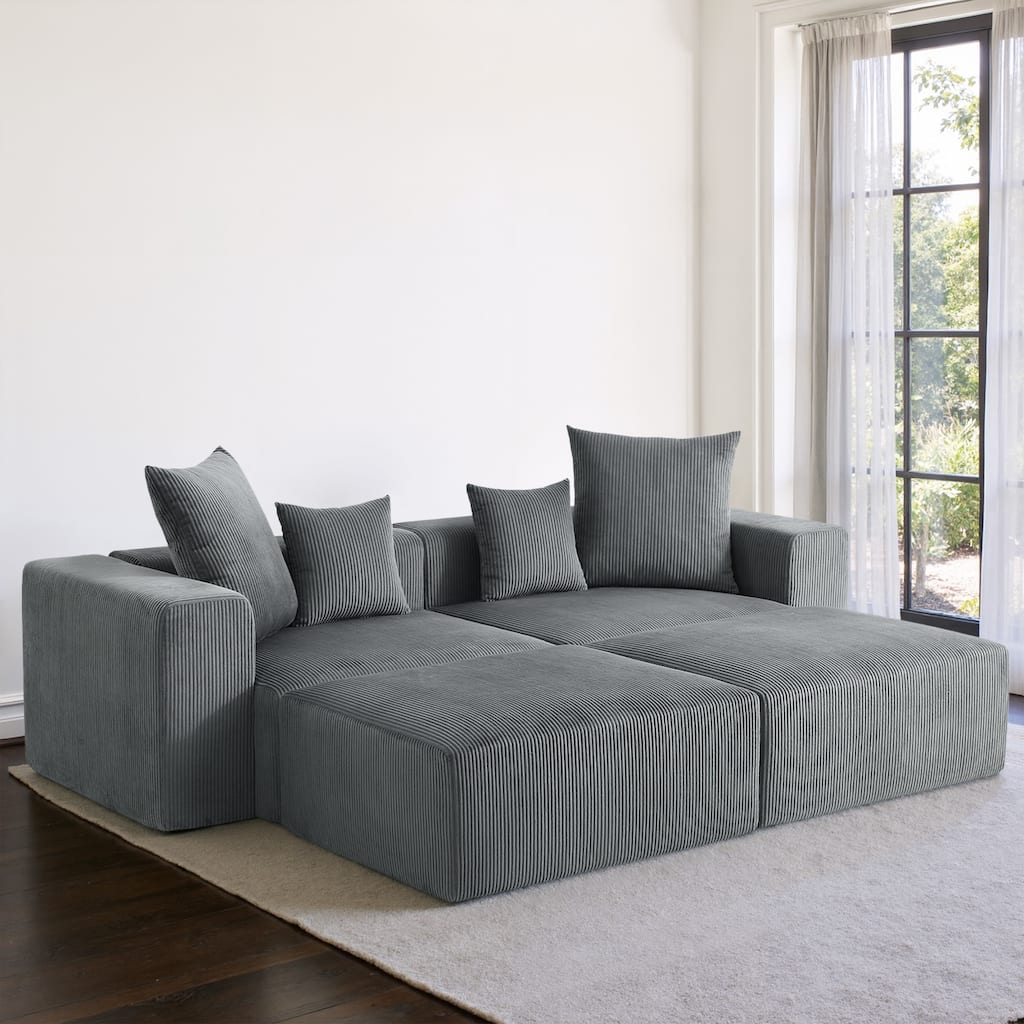 4-Piece Modern Corduroy Modular Sectional Sofa Set with 4 Throw Pillows