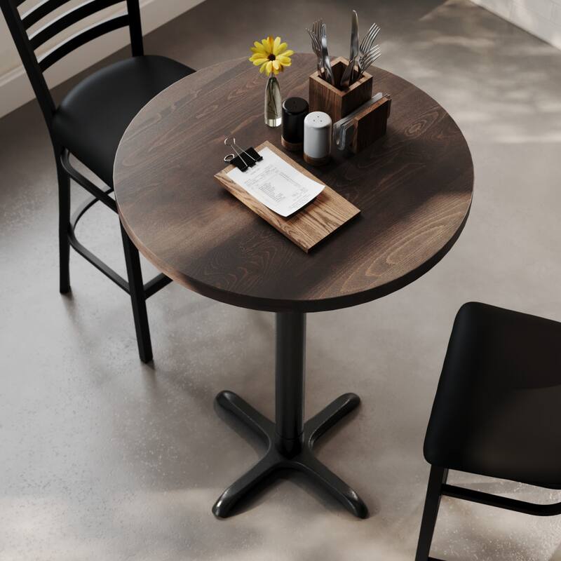 Round Solid Wood Commercial Tabletop with 22" x 22" Bar Height X-Base - 30"W x 30"D x 43.5"H