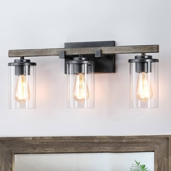 slide 2 of 11, 22 in. 3-Light Natural Iron and Distressed Faux Wood Industrial Farmhouse Bathroom Vanity Light with Clear Glass Shades - 22"L 22"L