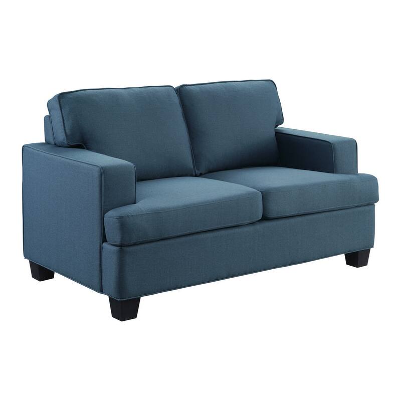 Eoin 62 Inch Loveseat, Blue Polyester, Soft Foam Cushioning, Solid Wood
