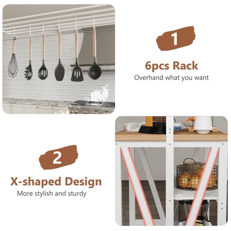 Kitchen Island with Power Outlet & LED Lights, Bakers Rack with Storage, Large Kitchen Island Table with 3 Tier