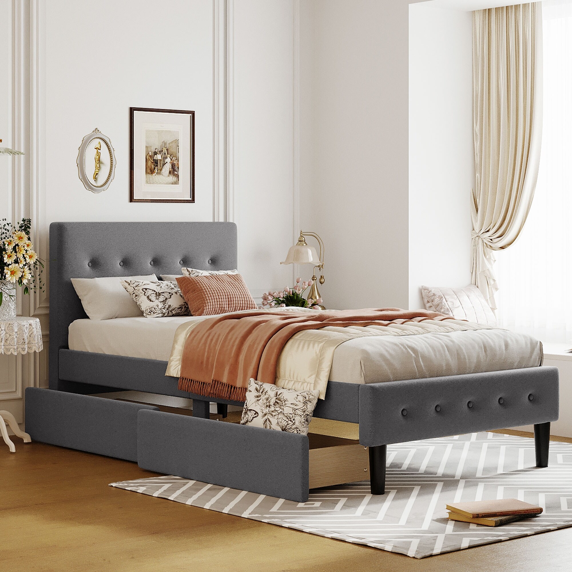 Linen Fabric Upholstered Platform Bed Twin Size with 2 Storage Drawers Button Tufted Headboard Twin Wooden Storage Bed Frame