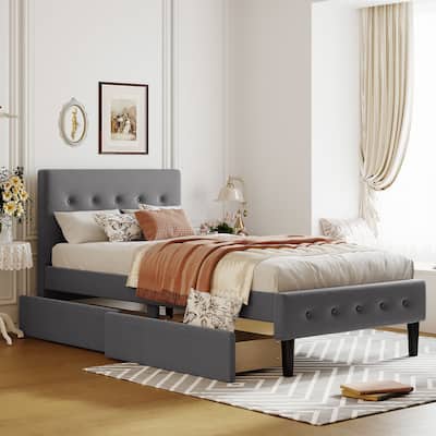 Twin Linen Platform Bed with Drawers & Tufted Headboard