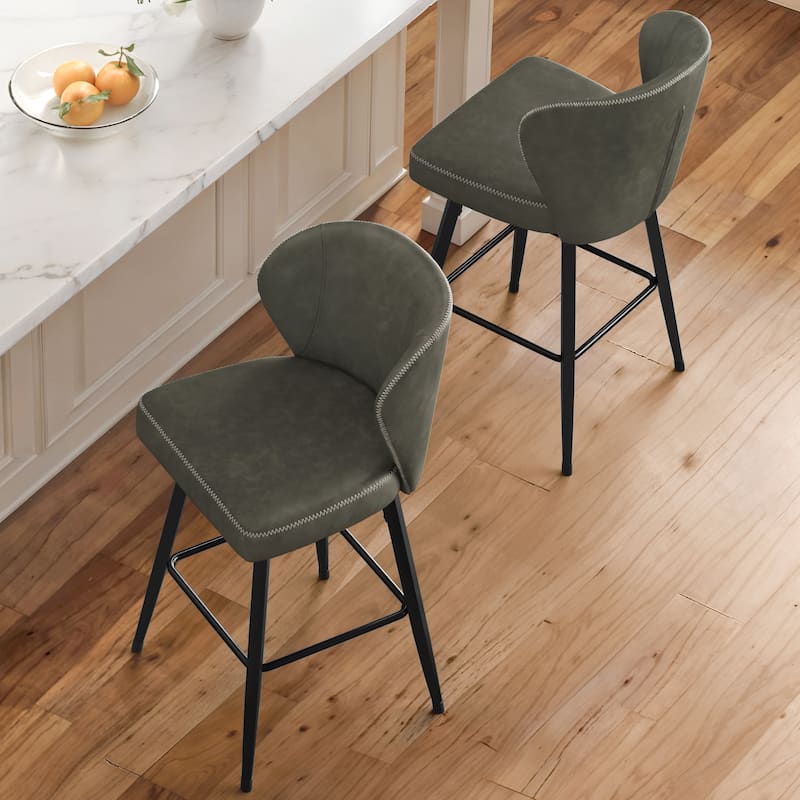 Modern Shell Back Swivel Bar Stool with Faux Leather Upholstered Seat and Metal Legs Counter Stool - Grey - Set of 2