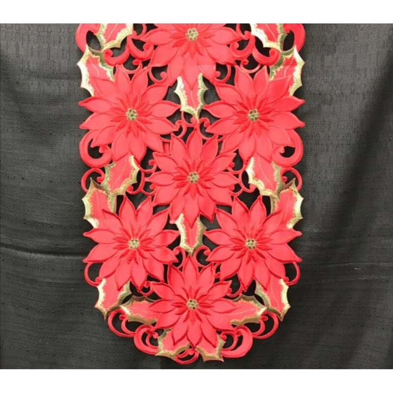 Poinsettia and Green Leaf Embroidered Cutwork Rectangular Table Runner, 15 by 34 inch
