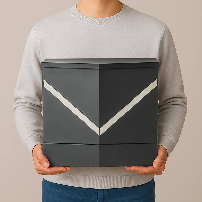 Modern Outdoor Black Metal Secure Locking Wall-Mount Mailbox With Stainless Steel V-Shape Futuristic Design For Home or Office