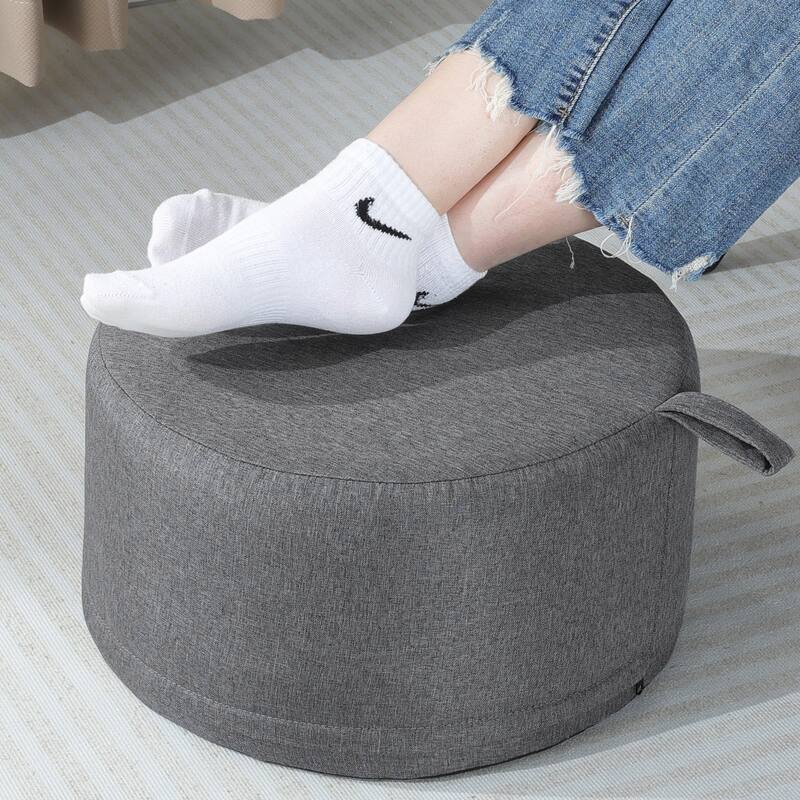 Adeco Linen Round Ottoman Footrest with Handle