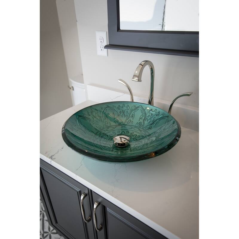 Eden Bath Teal Glass Vessel Sink With Embossed Pattern