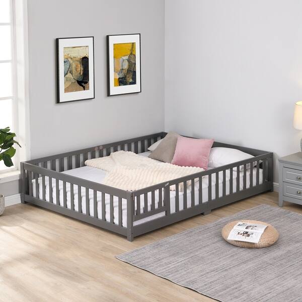 slide 2 of 24, Full Size Floor Bed with Safety Guardrails and Door, Solid Wood Platform Frame for Children Gray