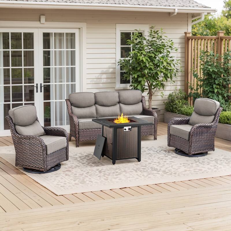 Pocassy 30 Inch Fire Pit Table with Sofa Swivel Chair Set - Gray Cushion Brown Wicker - 4-Piece Sofa Siwvel Chair w/ Fire Pit Table