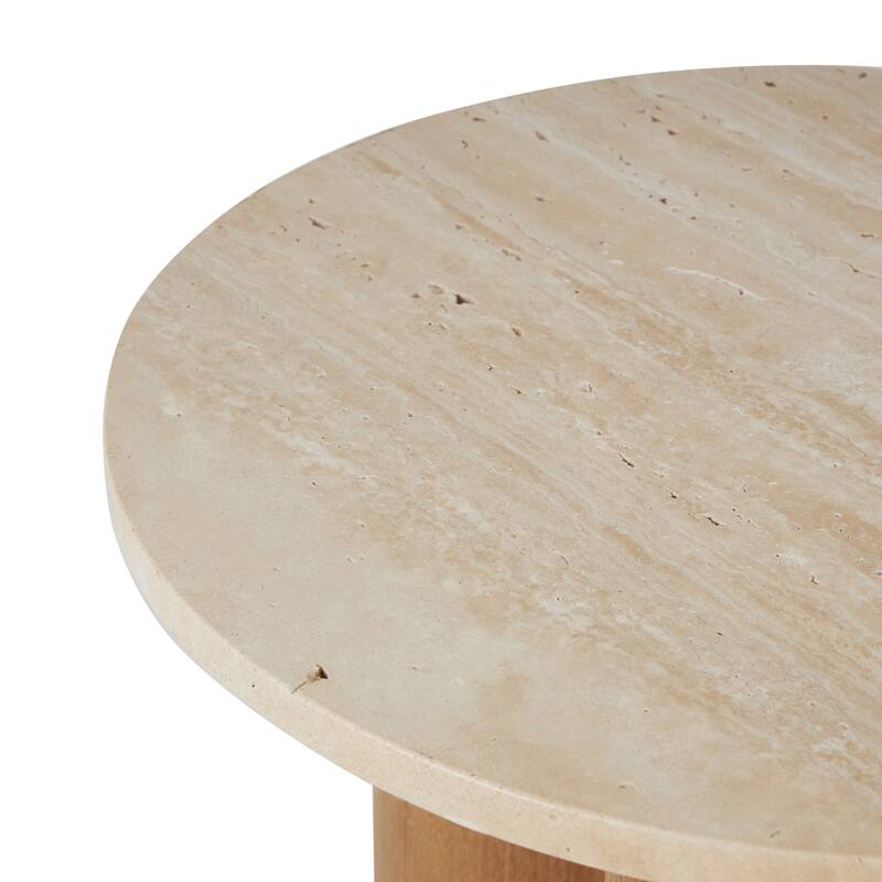 Wood Accent Table with Beige Round Marble Tabletop - Brown - Roche River Decor
