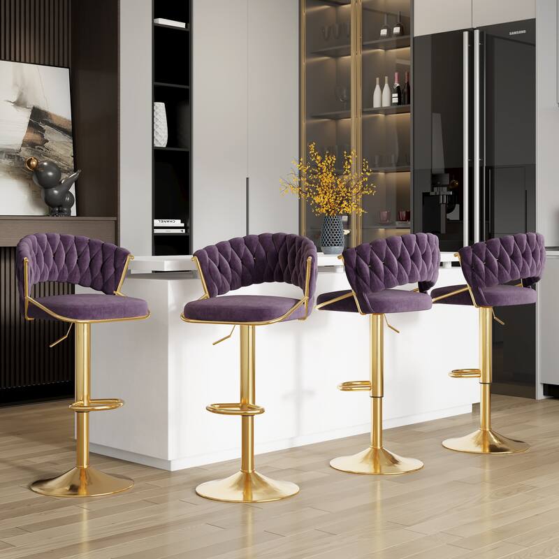 2/4 Set Velvet Adjustable Counter Stools Swivel Bar Stools With Backs - 24"-33" - Set of 4 - Purple-Set of 4