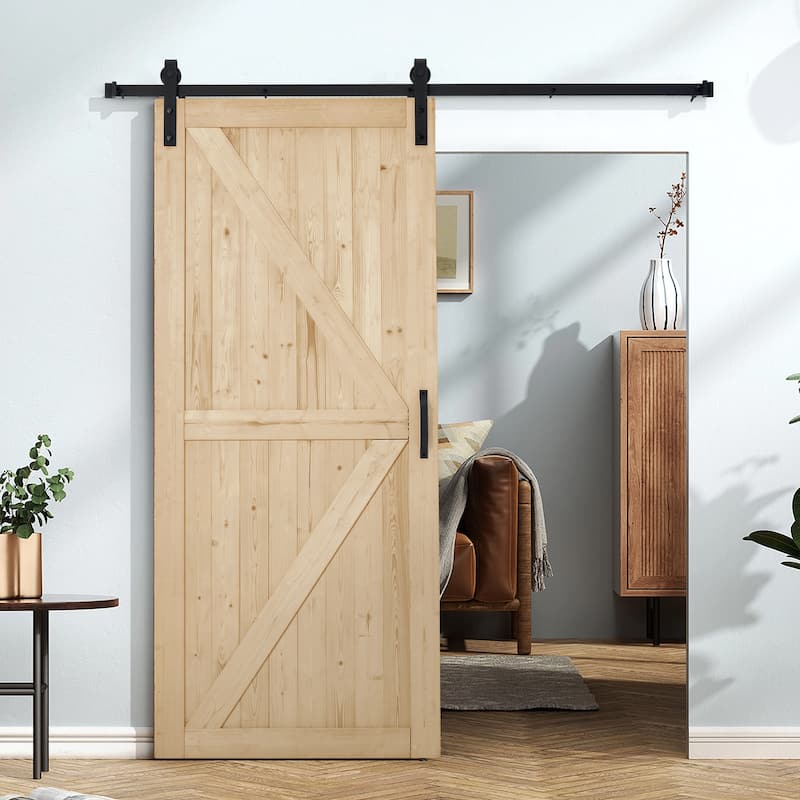 Erommy 84"H Sliding Barn Door Kit - Solid Wood, Easy Assembly, Smooth Sliding, Natural Finish - 42" W