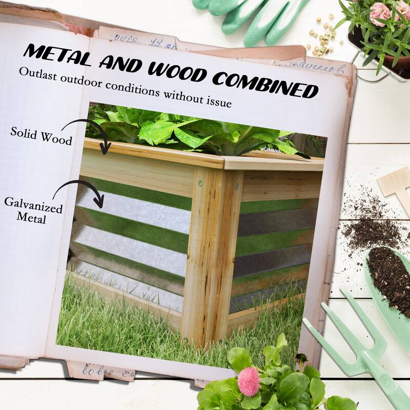 Outsunny Raised Garden Bed Kit, Outdoor Planter Box, Galvanized Metal Reinforced with Wood, Stock Tank for Growing Flowers