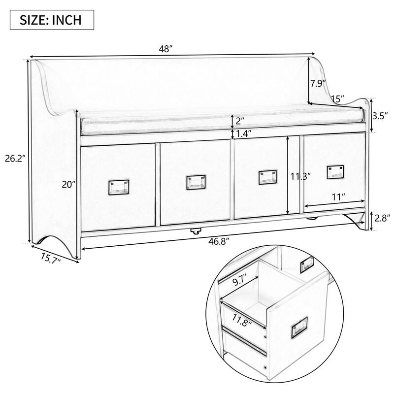 Movable Cushion Storage Bench With Drawers And Backrest Shoe Bench Bench With Removable Cushion