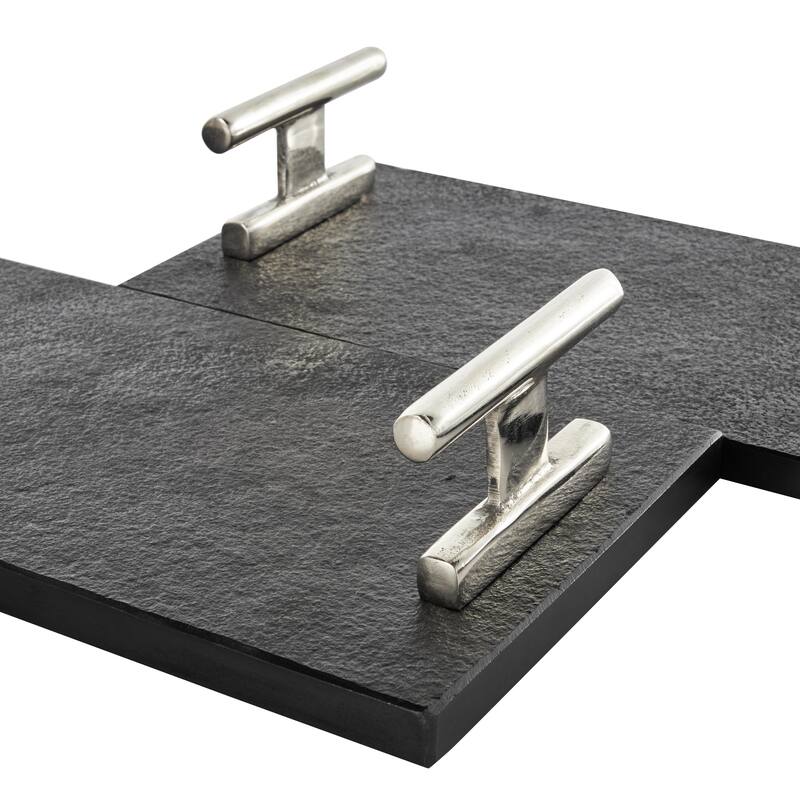 Marble Textured Living Room Decor Tray with Rod Handles - Set of 2 Black - Roche River Decor