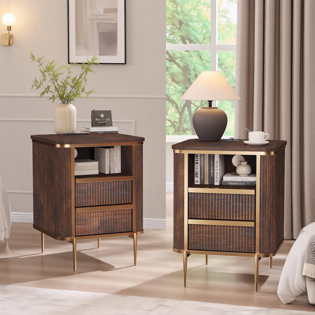 Modern Fluted Nightstand Set of 2 with Charging Station, End table