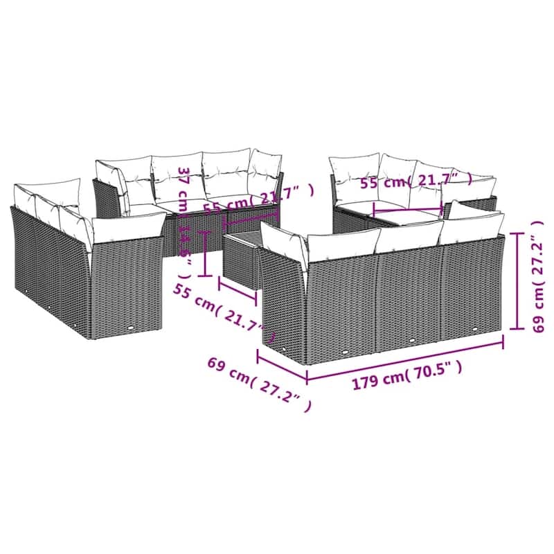 vidaXL Patio Sofa Set with Cushions Outdoor Furniture 13 Piece Poly Rattan - 24.4" x 24.4" x 27.2"