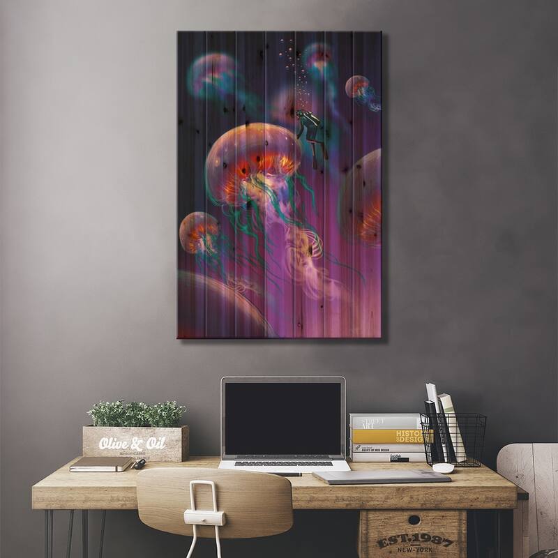 Glowing Jellyfishes Print On Wood by grandfailure - Multi-Color