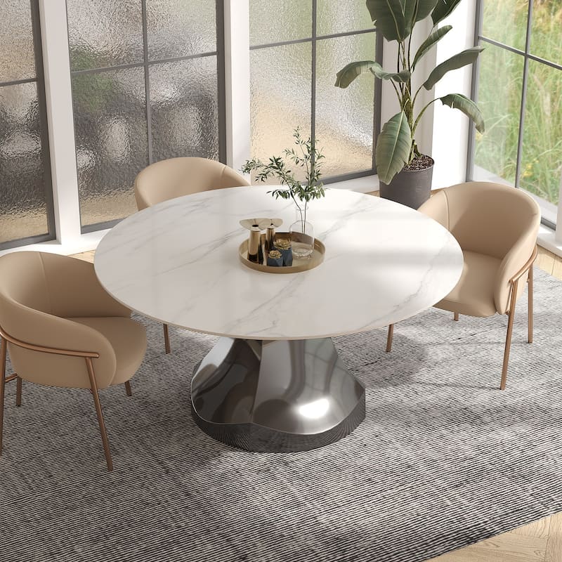 Modern Round Rock Stone Top Gunmetal Grey Stainless Steel Pedestal Dining Table