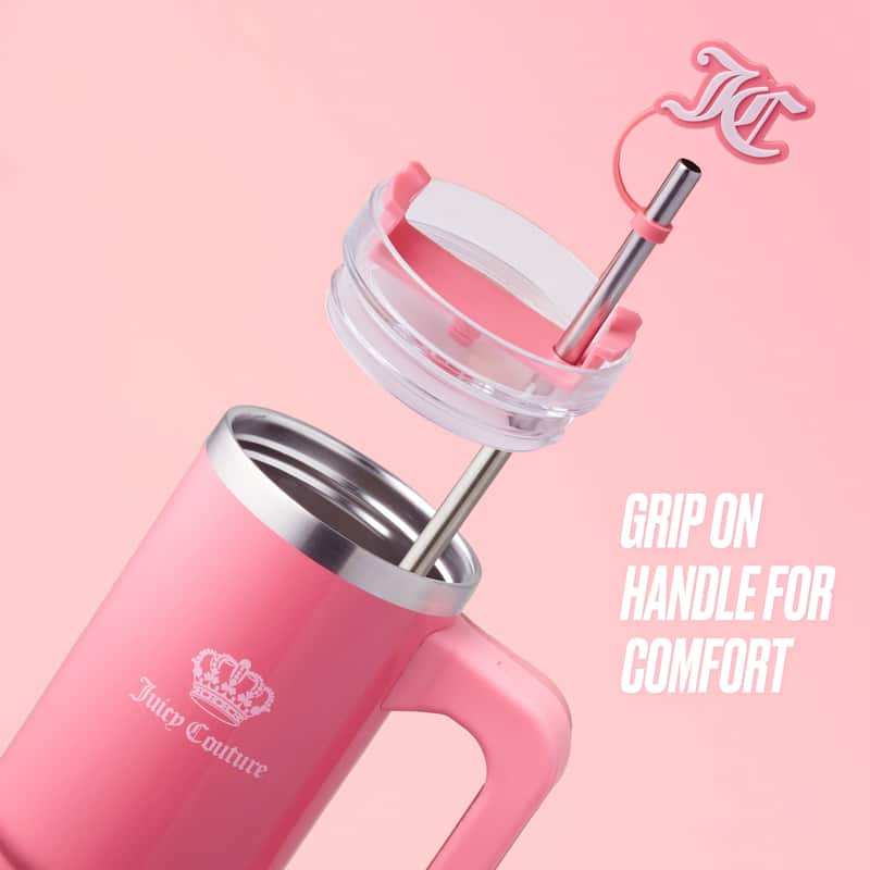 Juicy Couture Jetsetter Hydration Stainless Steel Tumbler with Handle, Straw & Topper with Velour Crossbody Pouch